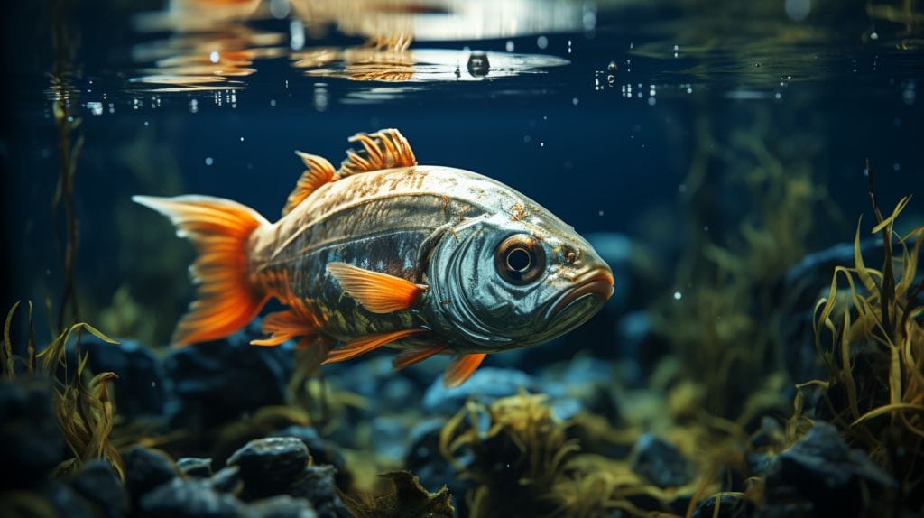 A fish half submerged in water gasping for air, with a magnifying glass focusing on its gills, set against a backdrop of a scientific research environment.