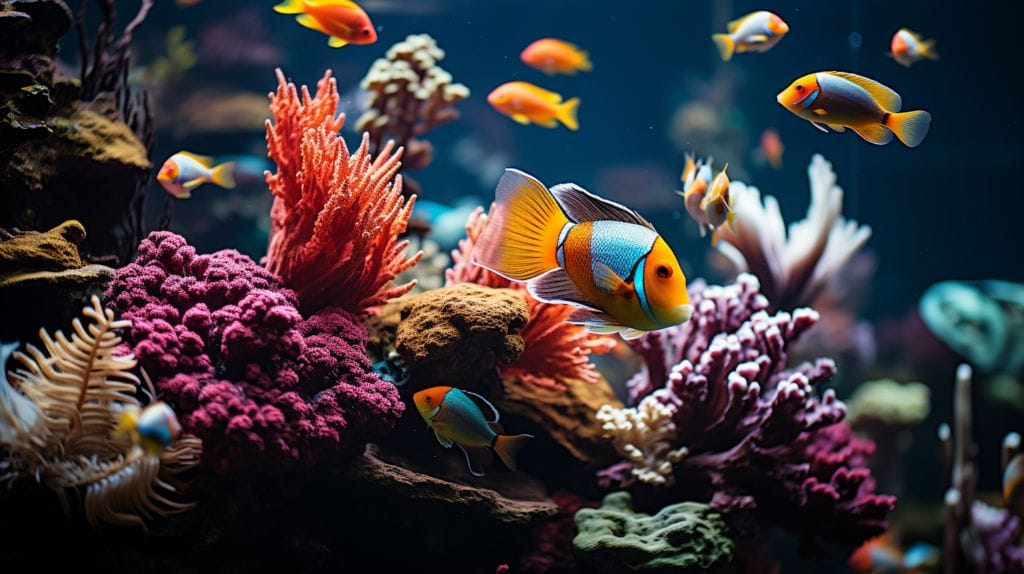 A lively 20-gallon aquarium showcasing different filters, with thriving, colorful fish in a pristine, oxygen-rich water setting.