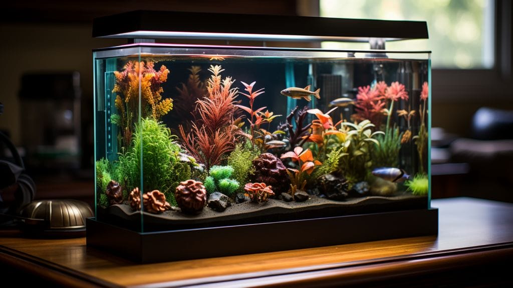 A radiant 20-gallon fish tank with green plants and vivid fish, accentuated by a spotlight on a recommended sleek aquarium filter.