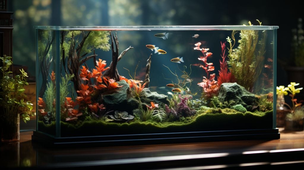A tranquil 20-gallon aquarium with transparent water and lively fish, featuring an operating sleek, modern filter promoting a healthy habitat.
