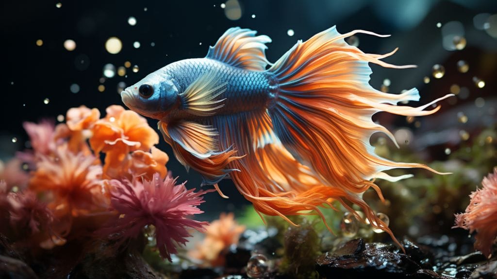 A vibrant Betta fish exploring a variety of lush, green aquatic plants in a brightly lit, crystal-clear aquarium.
