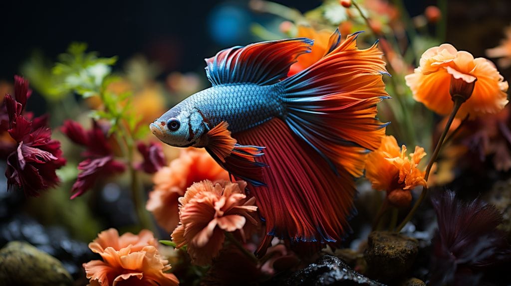 A vibrant Betta fish swimming amidst a variety of lush, colorful aquarium plants, enhancing the aesthetic appeal of the fish tank.