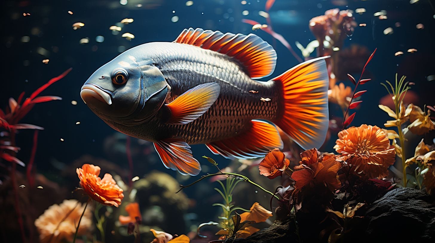 A vibrant Oscar Fish swimming in a clear Amazon river, surrounded by rich aquatic vegetation and rocks.
