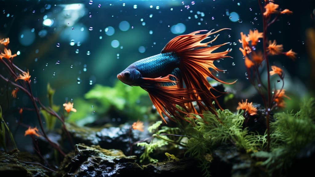 A vibrant betta fish swimming among lush, green aquarium plants, illuminated by a soft glow, highlighting a healthy underwater environment.
