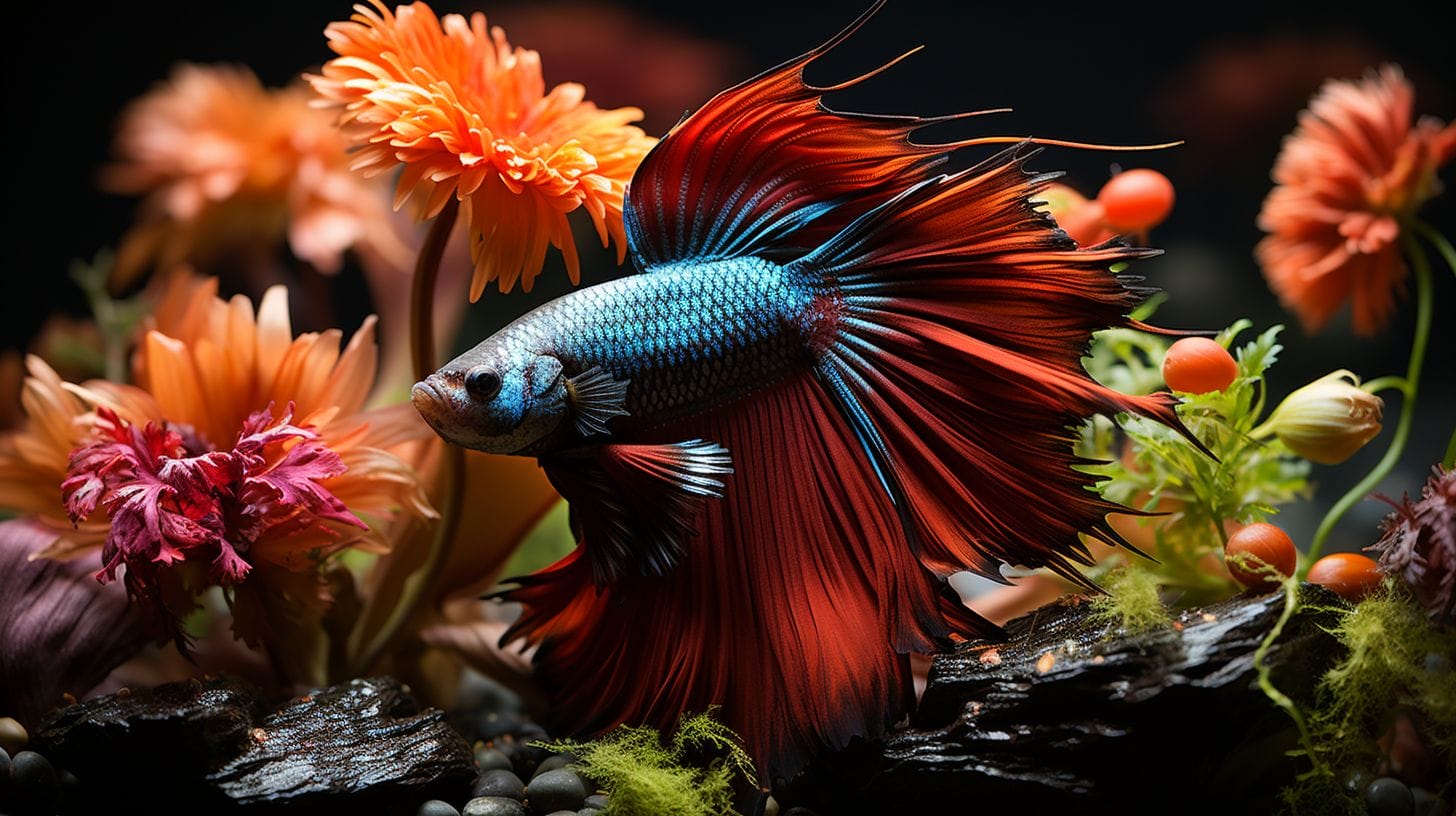 A warm-lit aquarium showcasing a colorful betta fish swimming among diverse aquatic plants and smooth pebbles