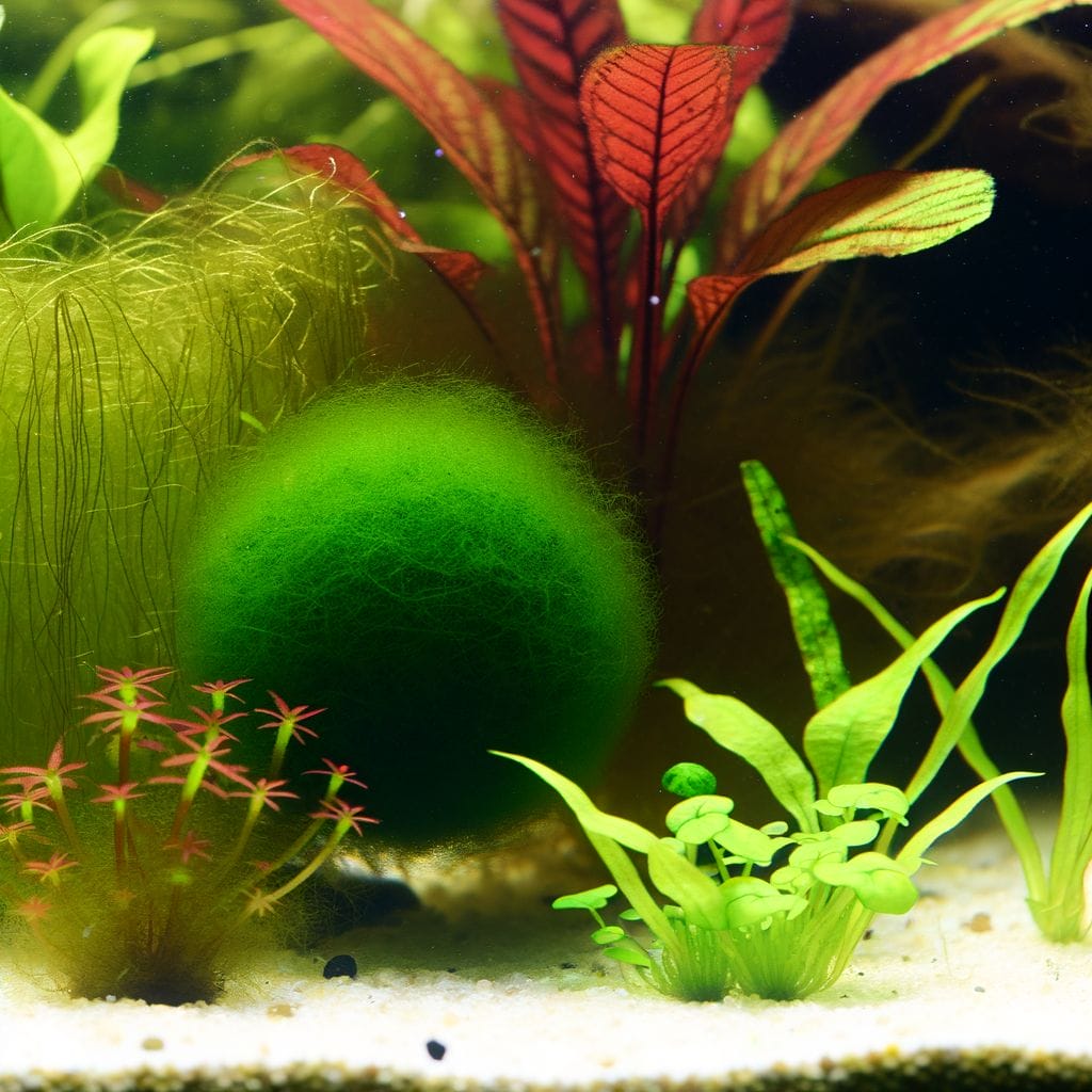 Adjusting Marimo moss ball, diverse aquatic plants
