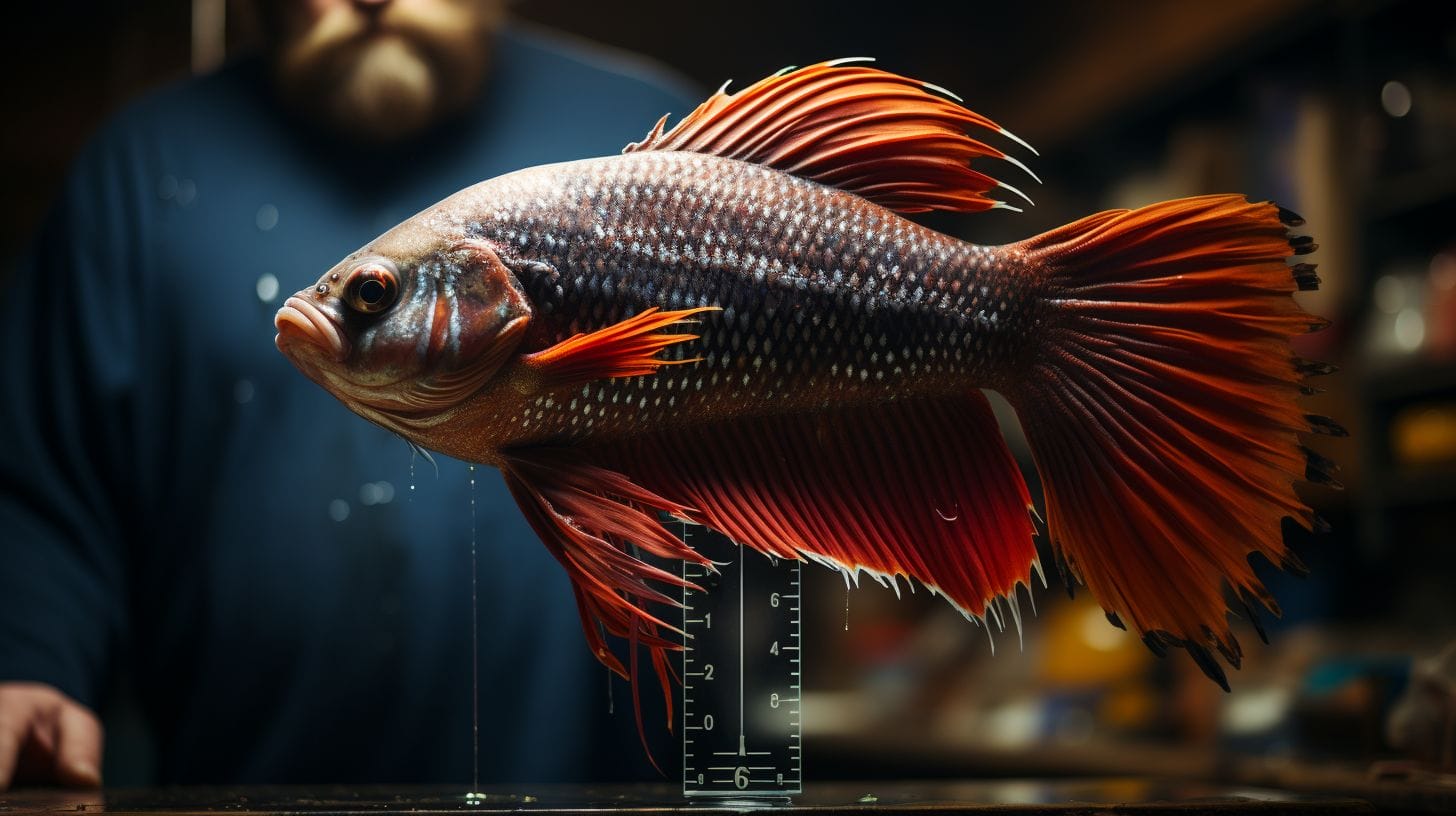 Adult Betta fish, spacious aquarium, growth ruler
