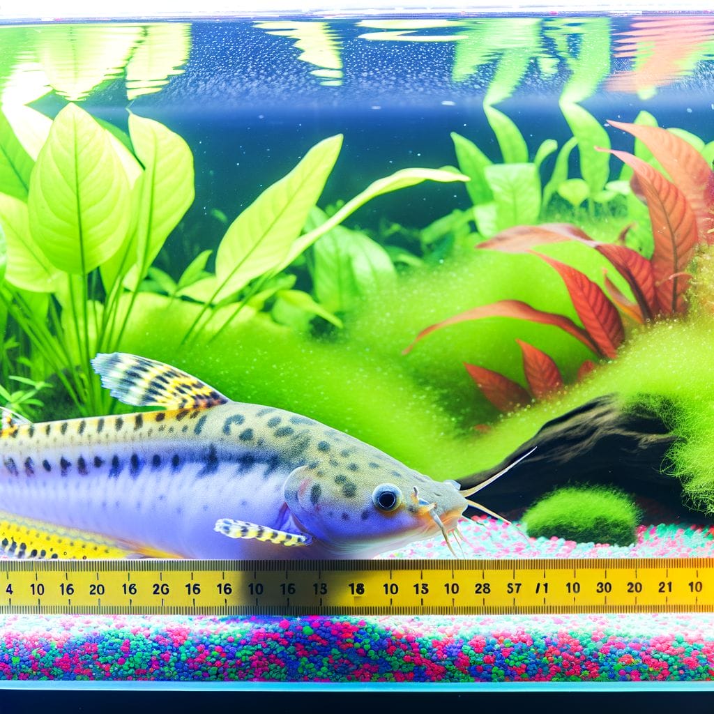 Adult sun catfish in aquarium, ruler for scale, aquatic plants