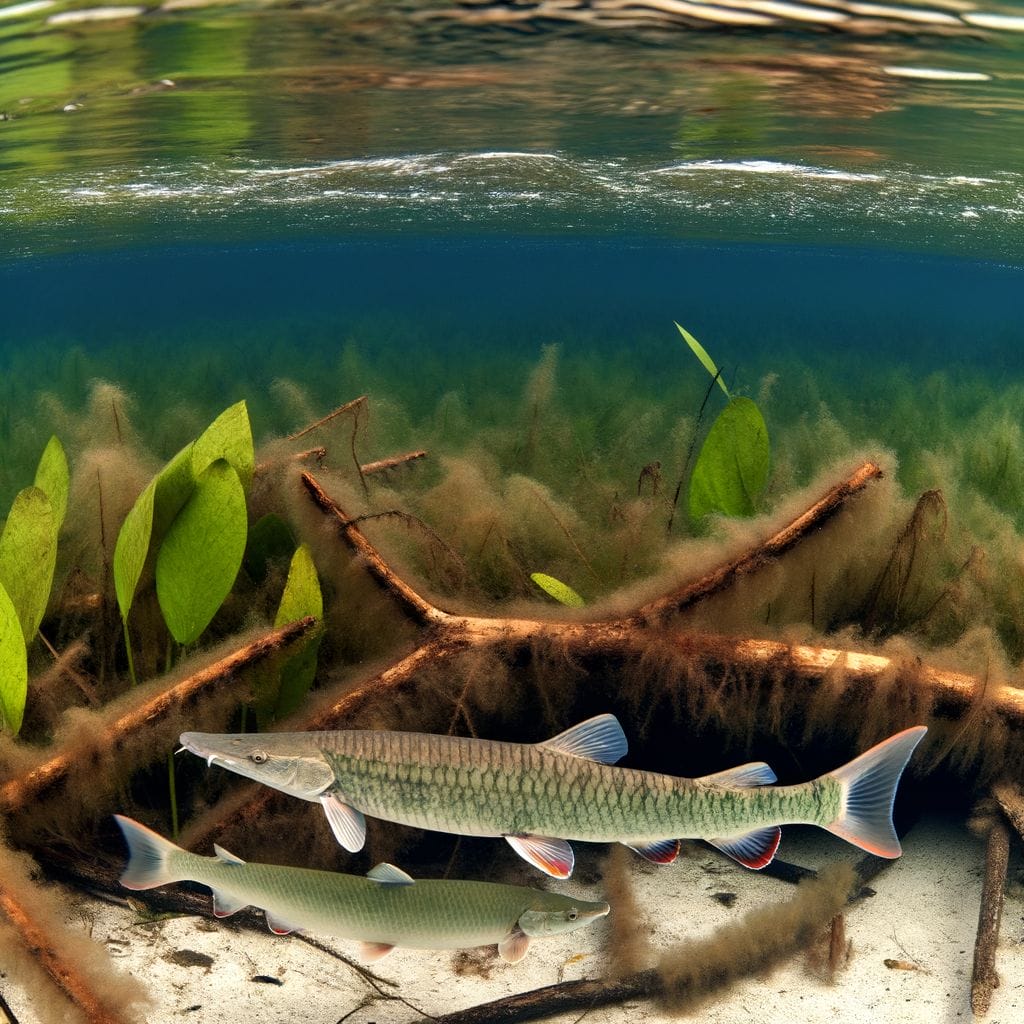 Alligator Gar and Gar in river, healthywithered plants