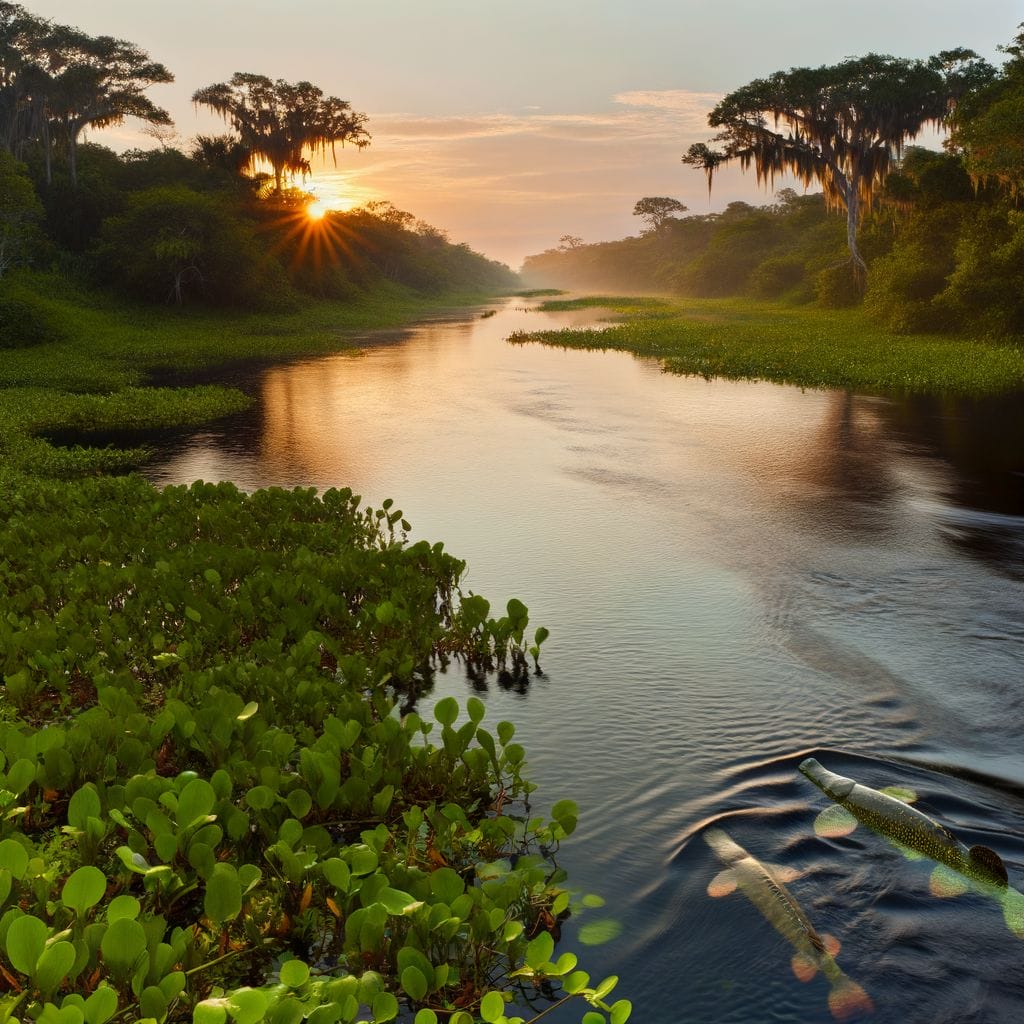 Alligator Gar Vs Gar featuring an Alligator Gar and Gar in river, lush vegetation, rising sun