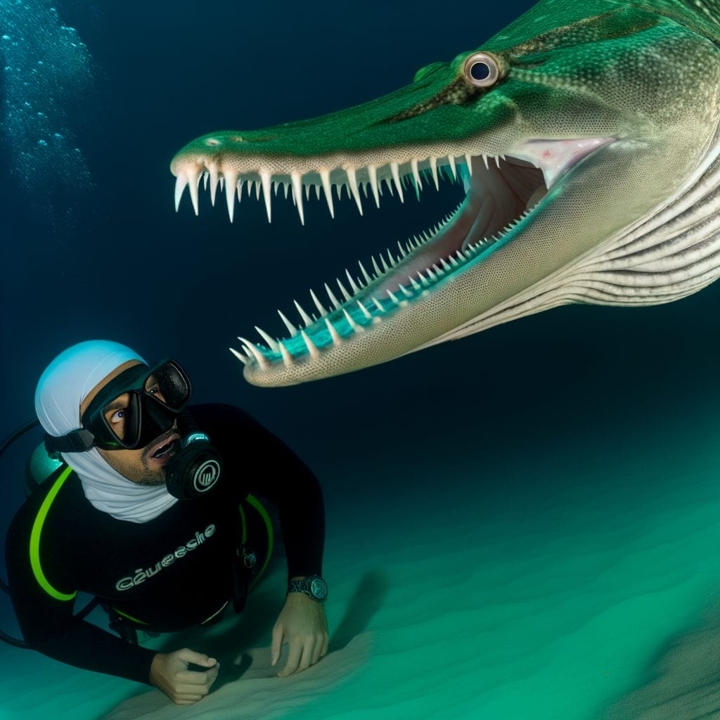 Alligator Gar confronts human underwater, open mouth, sense of danger