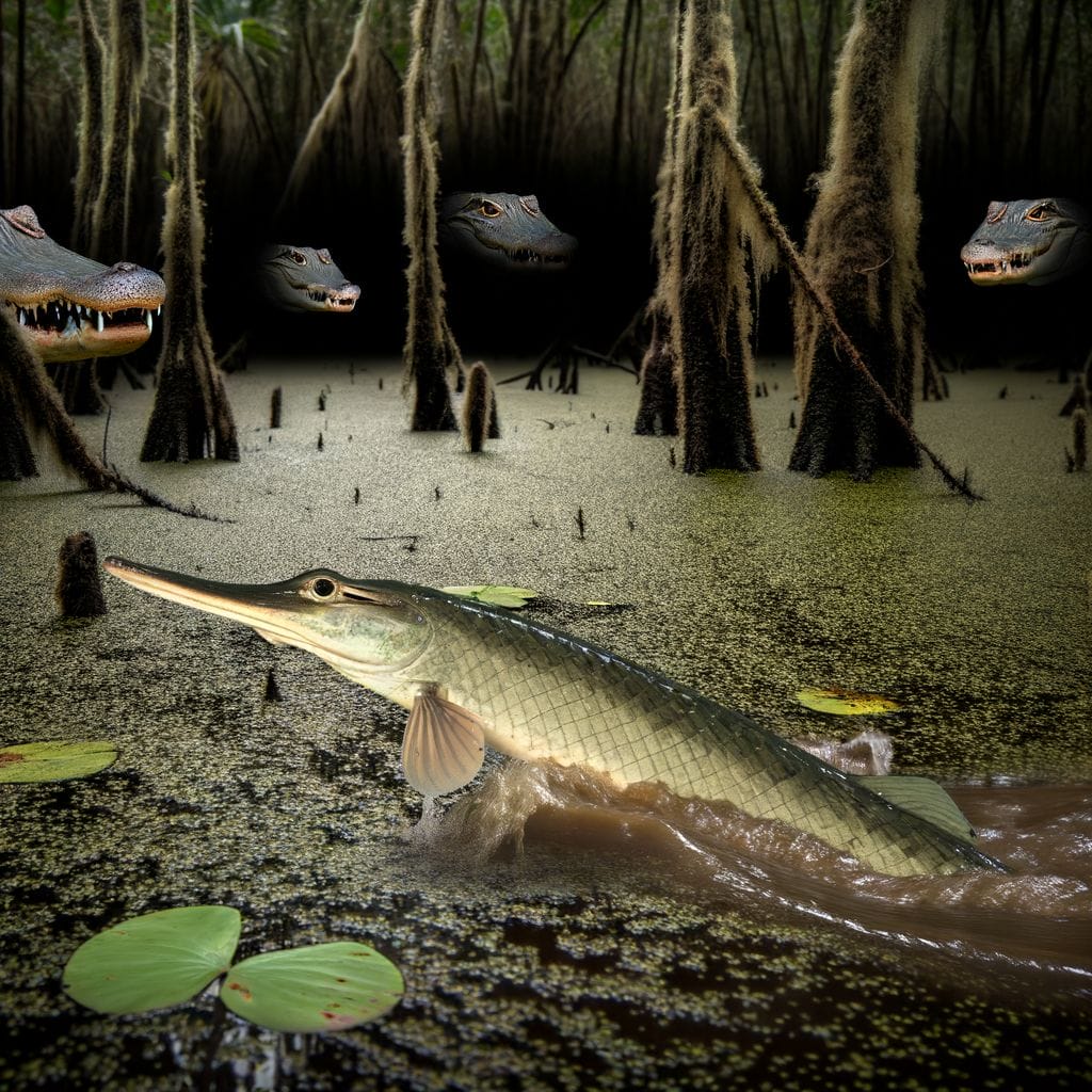 Alligator Gar in swamp, predators nearby, survival scene