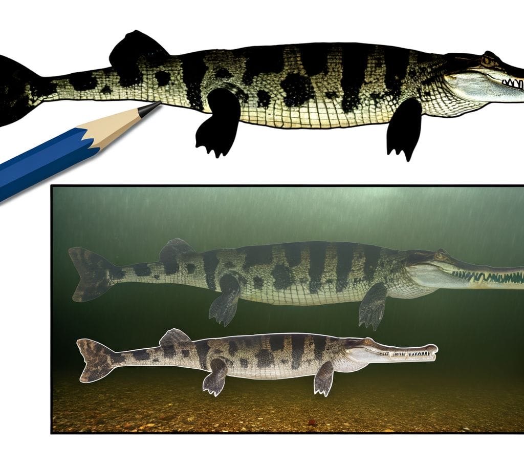 Alligator Gar vs regular Gar, size and shape differences, murky river background.