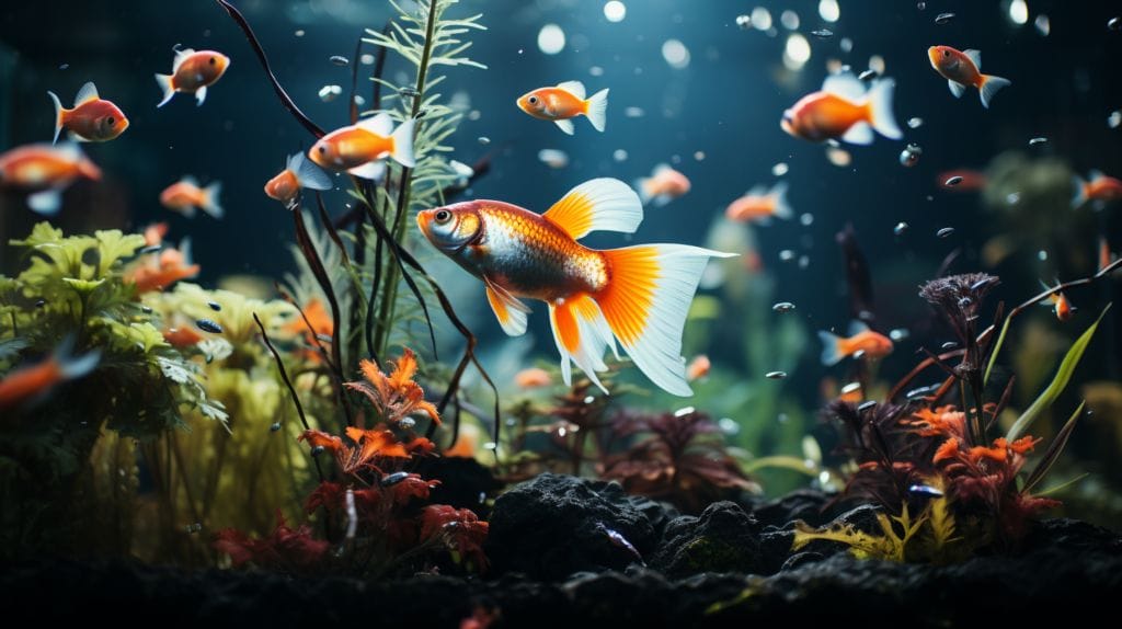 Amazon Sword plants in a small aquarium ith different types of fish
