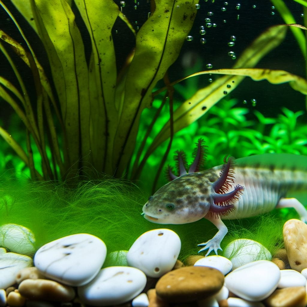 An axolotl partially submerged in water