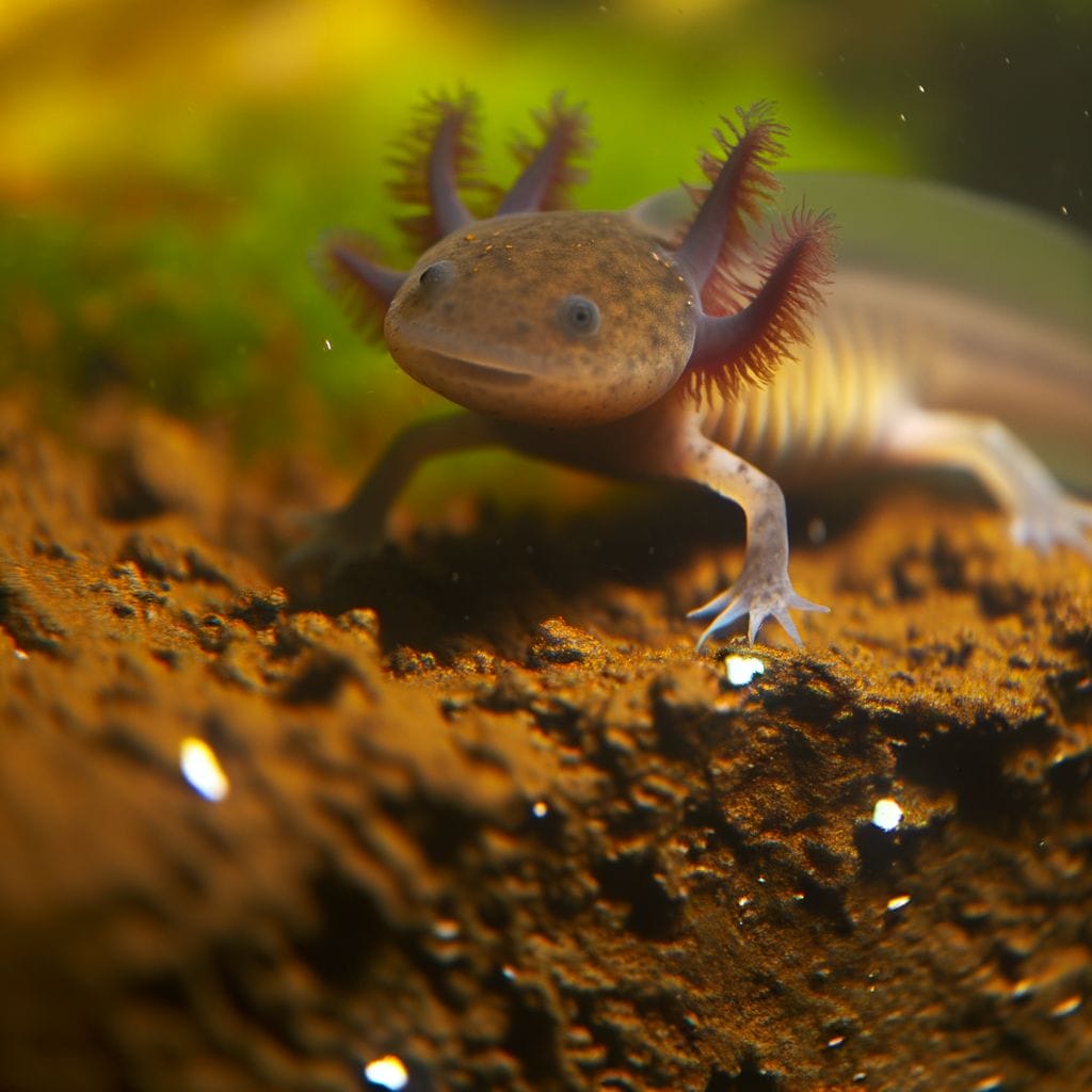 An axolotl transitioning from water to land