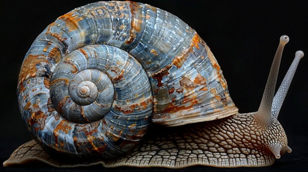 An image of a snail exiting its old shell, showcasing the complex patterns and textures on the shell's surface.
