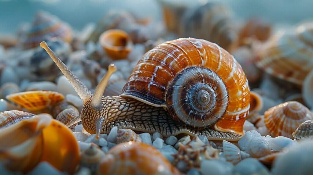 An image of a snail surrounded by diverse shells, inspecting each for a perfect fit, portraying the importance of a healthy shell for snails.