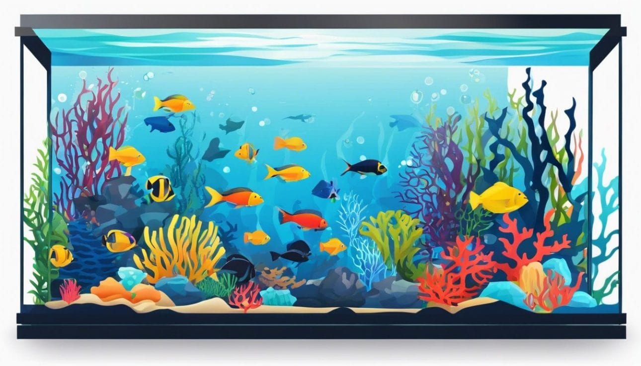 An underwater aquarium teeming with colorful fish and vibrant coral.