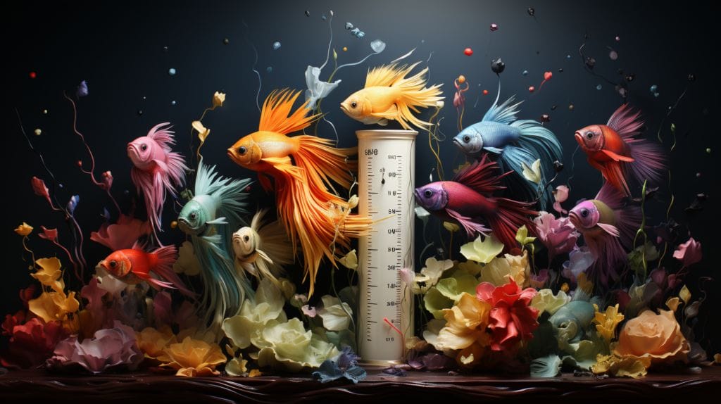 How Big Can Betta Fish Get featuring an Aquarium with Betta fish at different growth stages, measuring tape.