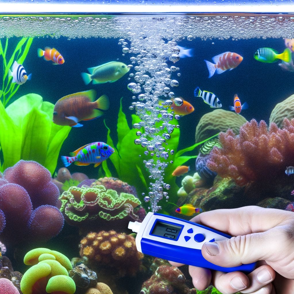 Aquarium with fish gasping, test kit indicates low oxygen