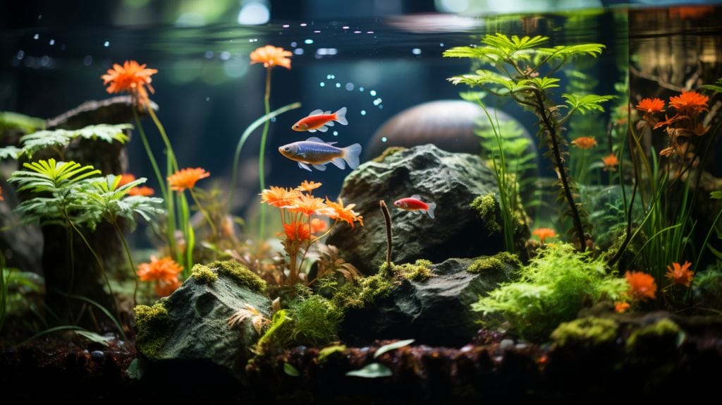 Floating Plants for Fish Tanks: Best Aquarium Beautifiers featuring an Aquarium with floating plants, fish, and visible roots underwater