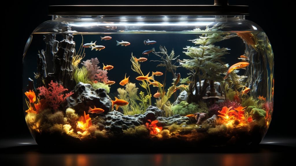 Aquarium with moonlit and dark areas showing fish activity and rest