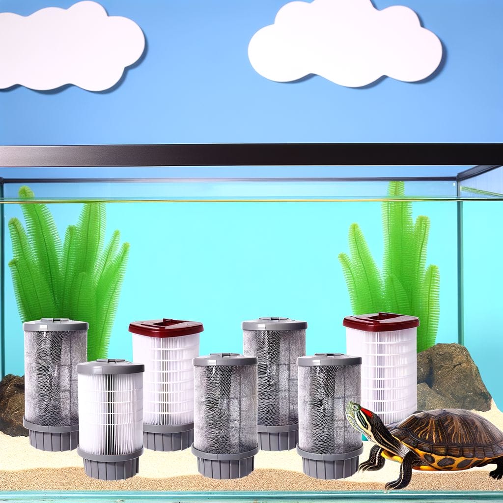 Assortment of top-rated filters around a clear turtle tank