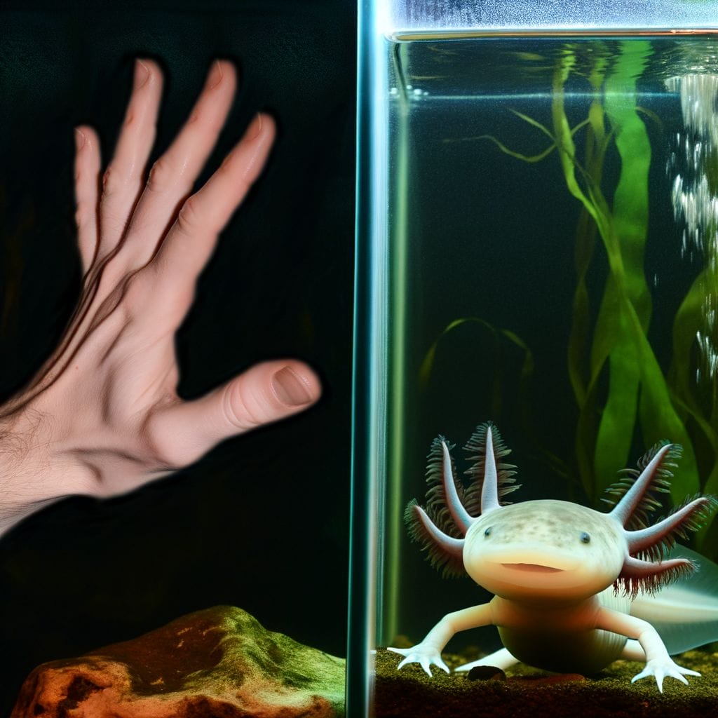 Axolotl in tank, hand hesitating