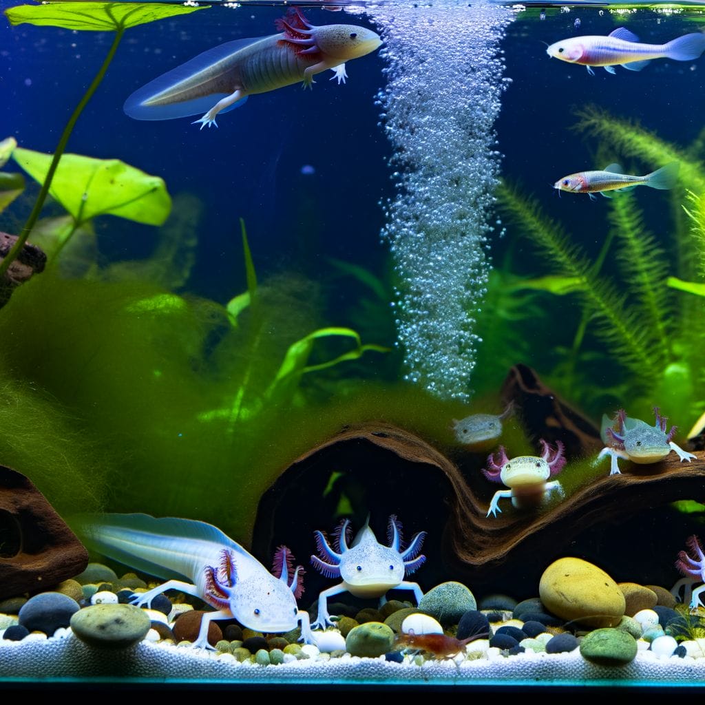 Axolotl tanks with snails, shrimps, non-aggressive fish in decorated environment