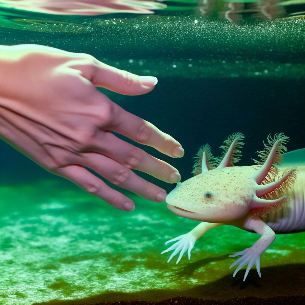 Axolotl underwater, hand showing caution