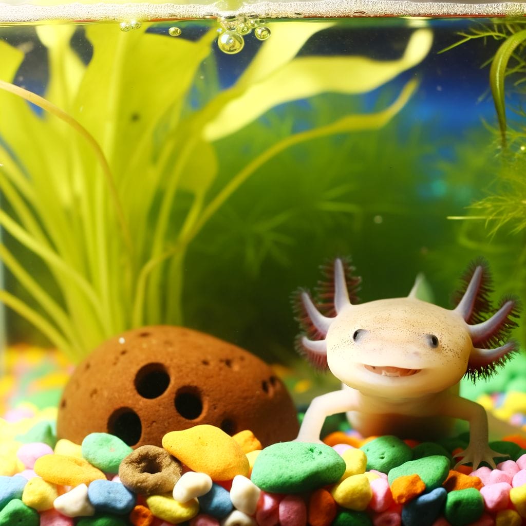 Axolotl with varied foods in tank