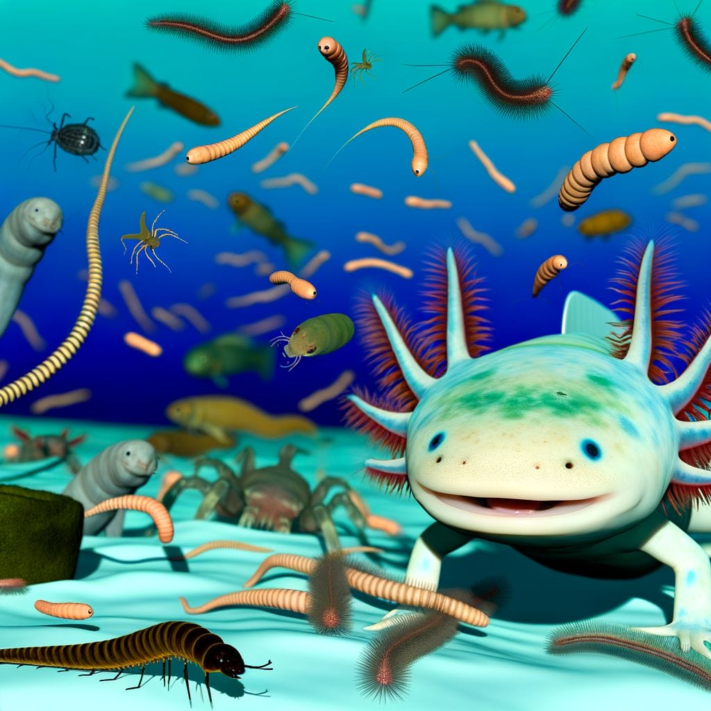 Axolotl with worms, insects, and fish