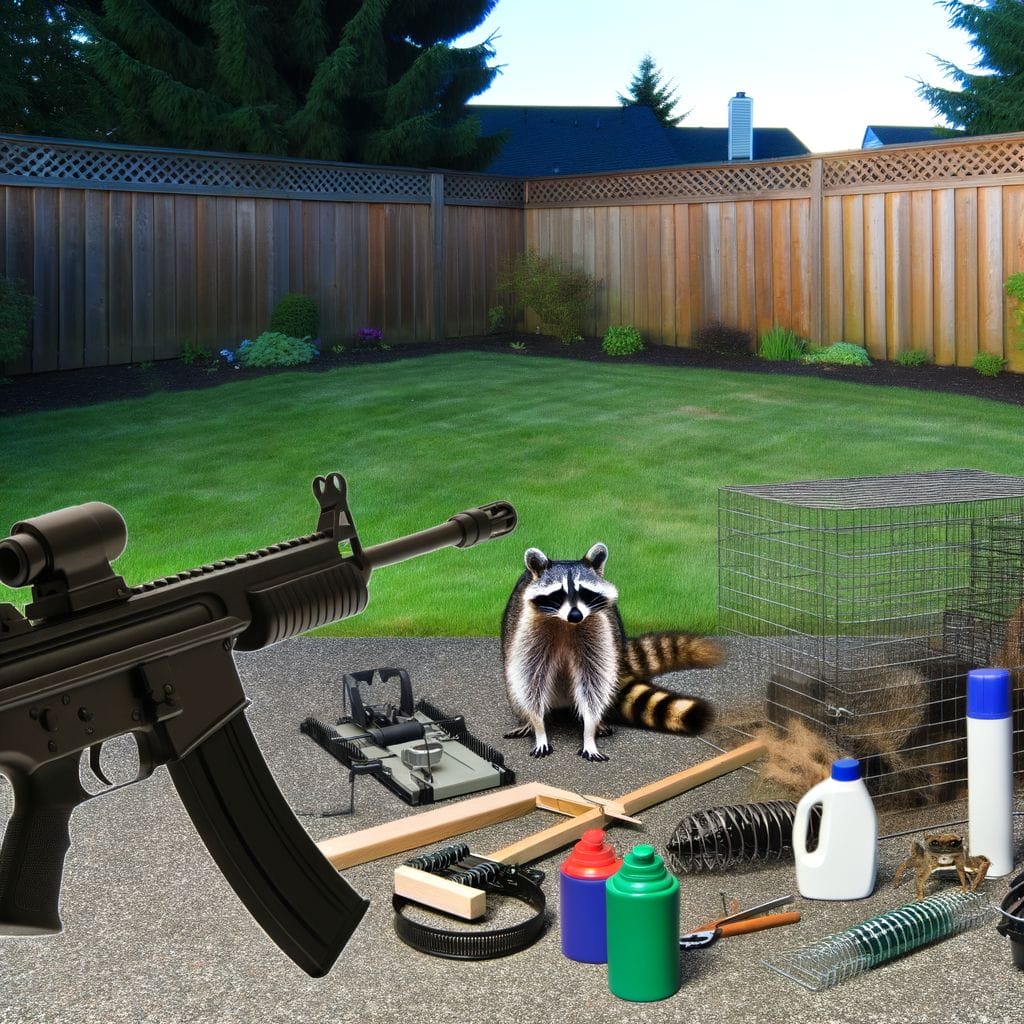 BB gun, raccoon, pest control tools in suburban yard, non-harmful confrontation