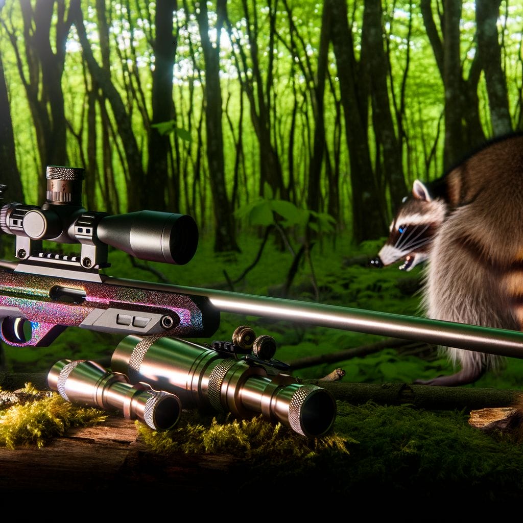 BB gun with scope, raccoon target, pest control tools, forest backdrop.