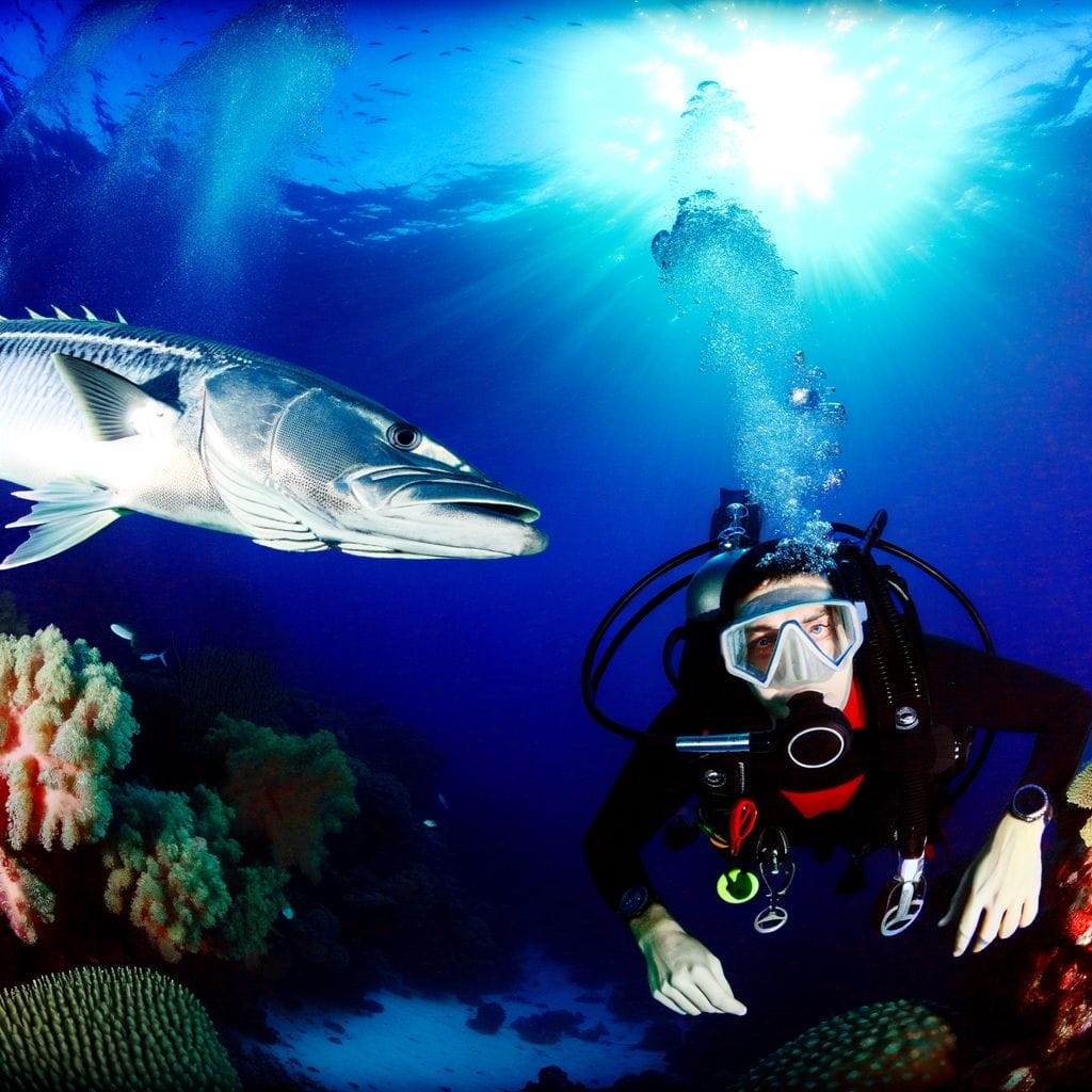 Barracuda and diver underwater