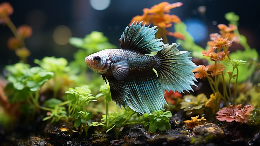 Betta fish in dirty tank floating lethargically.