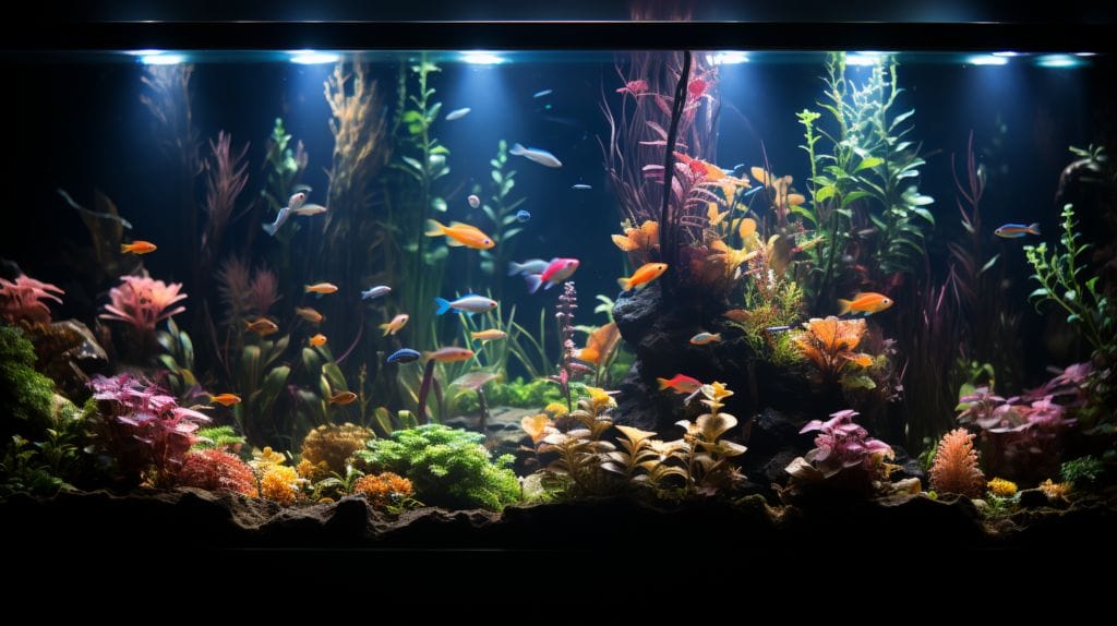 Brightly lit fish tank with floating plants and swimming fish.
