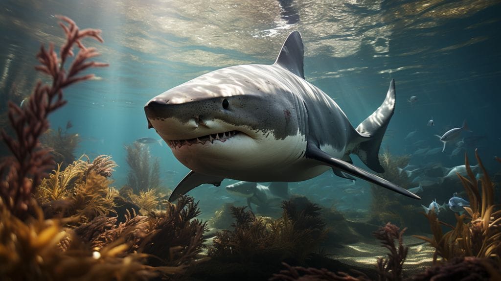 Bull shark close-up in river with flora and fauna.