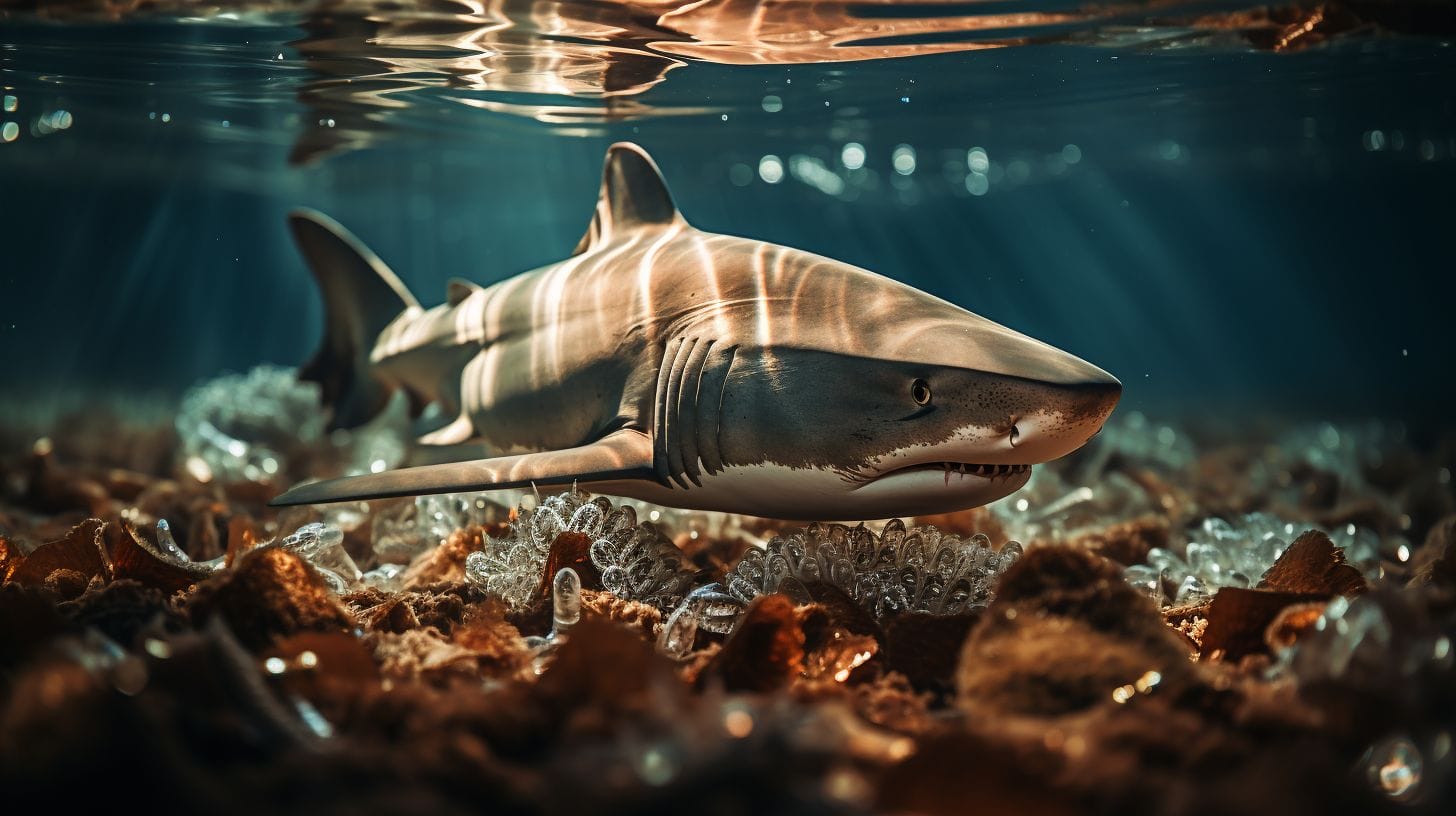 Bull shark in freshwater with magnified gills and fins