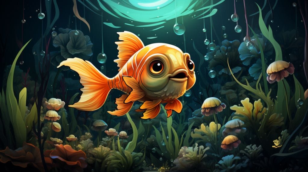 Cartoon fish with magnifying glass and underwater scene