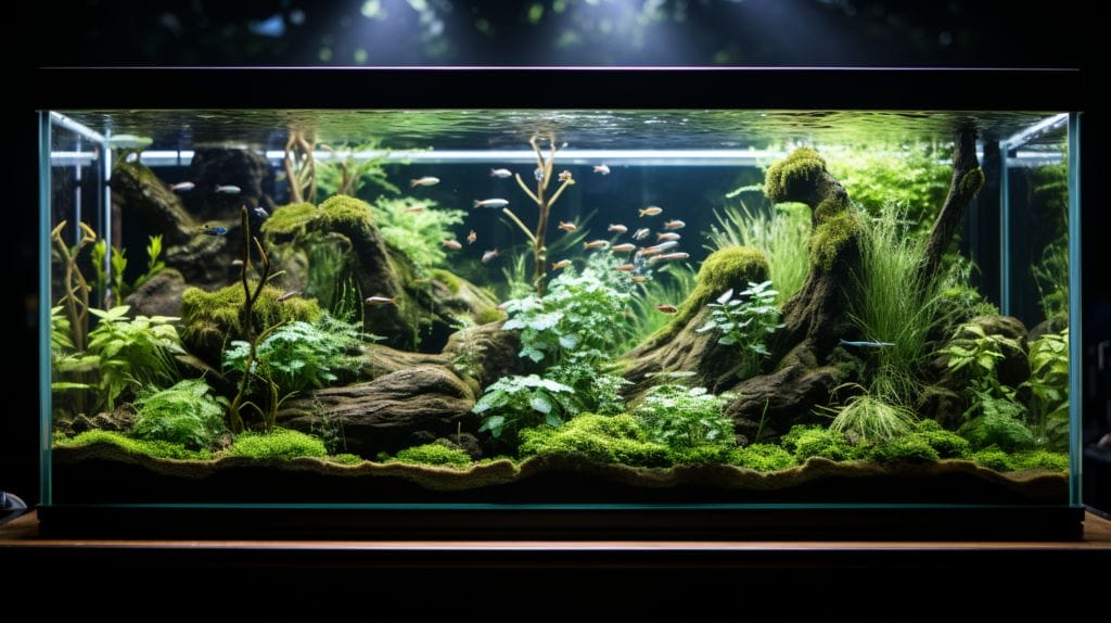 Clear fish tank with vibrant floating plants and tropical fish