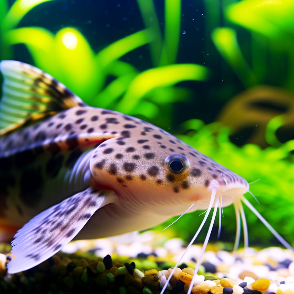 How Big Do Sun Catfish Get featuring a Close-up of adult Sun catfish, well-lit aquarium, aquatic plants background