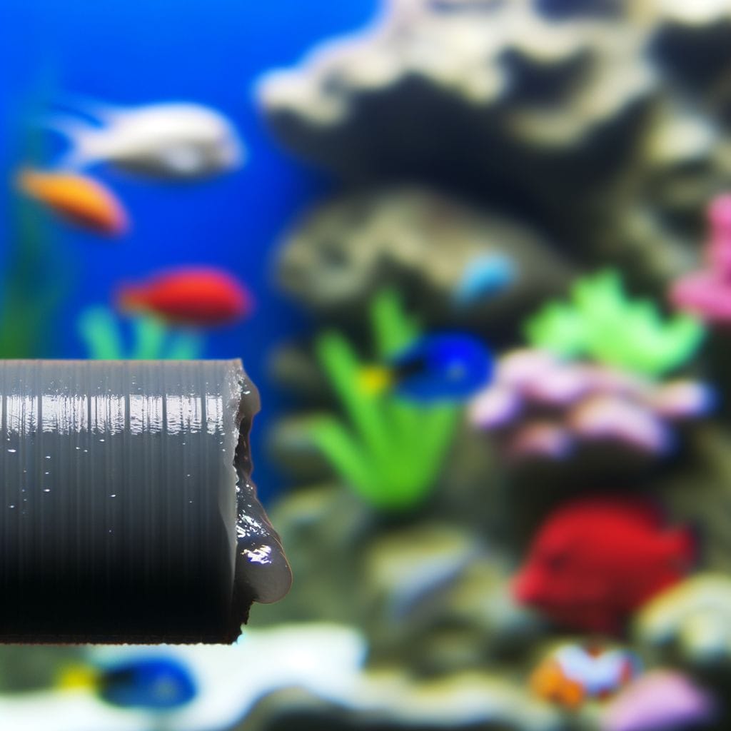Close-up of aquarium-safe silicone sealant with colorful fish aquarium in the background