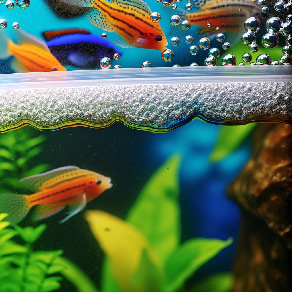 Close-up of clear silicone sealing aquarium edge with colorful fish and plants