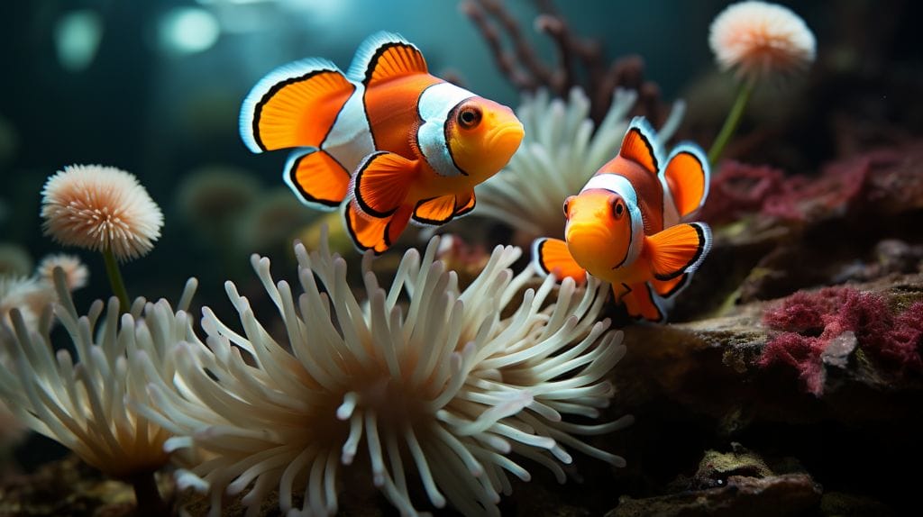 Clown Fish Scientific Name featuring Clownfish with fishing net shadow underwater