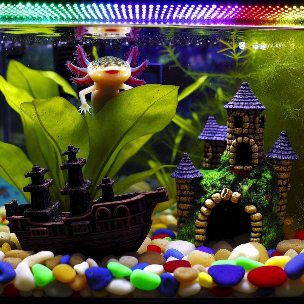 Colorful axolotl tank with plants, castle, pebbles, LED lights, pirate ship