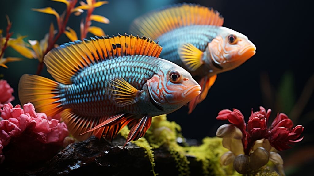 Colorful cichlids in aquarium and lake