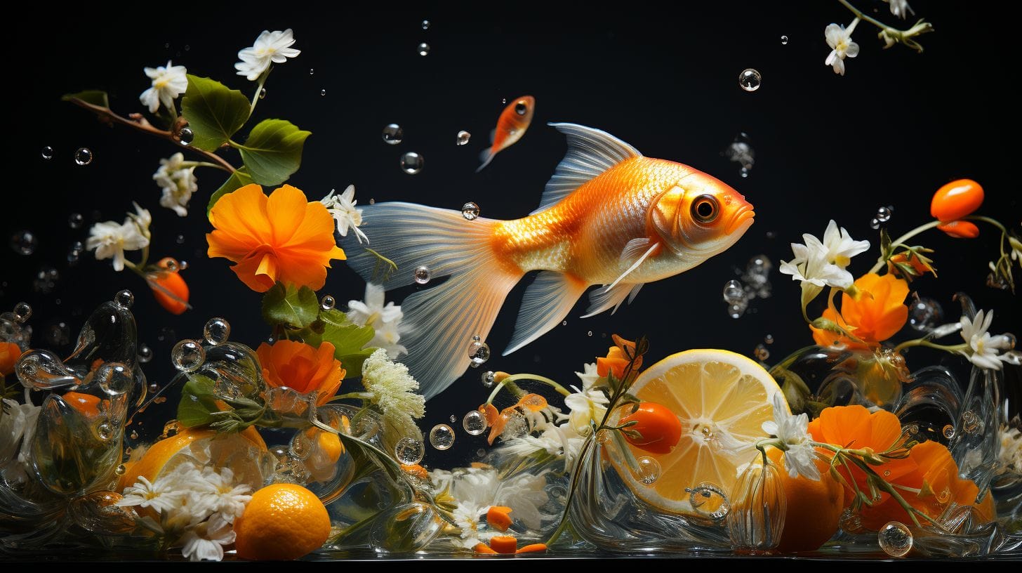 Colorful fish tank with floating lemon