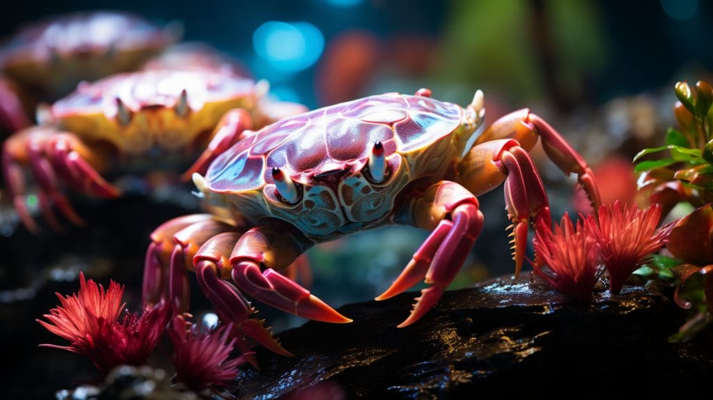 Colorful freshwater crabs among aquarium plants
